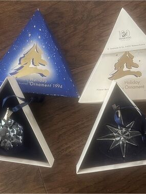 Swarovski Clear Crystal Star and Snowflake Ornaments with Navy Ribbons